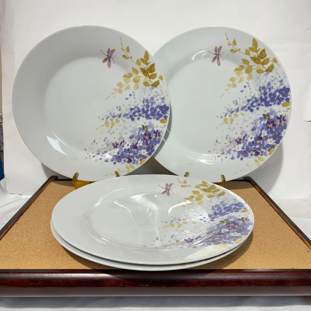 Gibson Everyday Wisteria Dragonfly Dinner Plates Set of 4 Purple Floral 90s